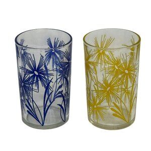 VTG Hazel Atlas Swanky Swigs Juice Glass Set Cornflower Blue Yellow Floral 3.5”